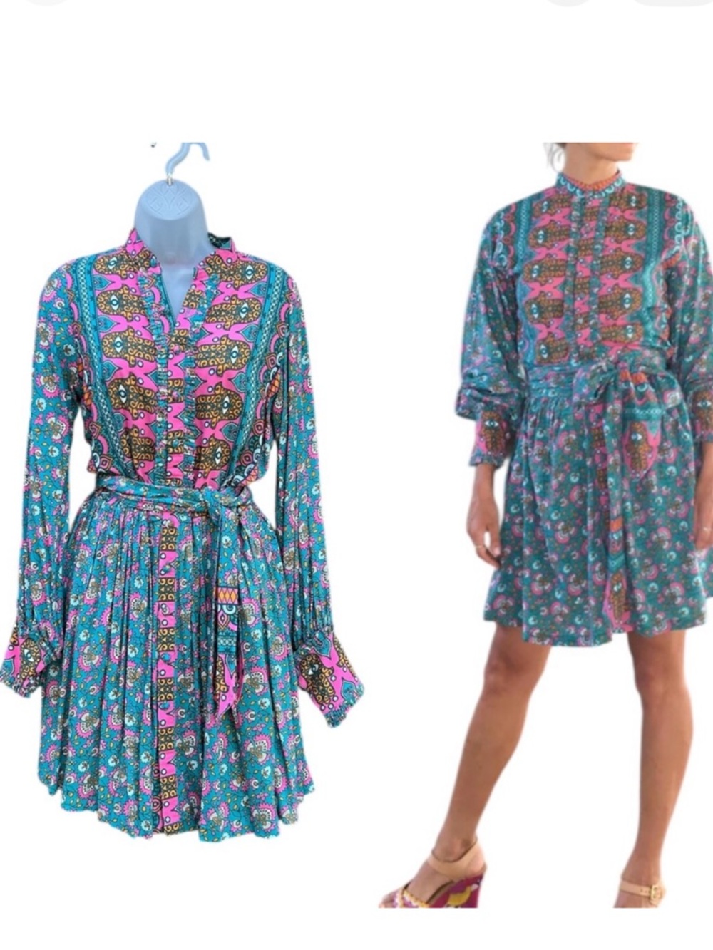 FEATHER & FIND Women Sz XS Hamsa Hand Teal Pink Button Front‎ Mini Shirt Dress